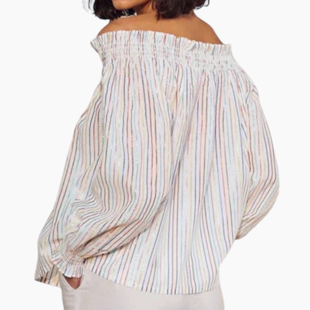 Boden Metallic Colorful Stripe Off The Shoulder Smocked 3/4 Sleeve Peasant Top S - Picture 9 of 13